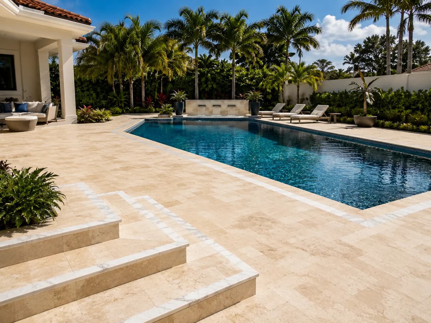 Boca Raton deck, rebuilt in travertine with marble steps