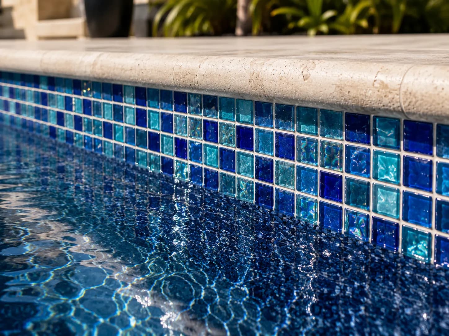 New glass mosaic waterline tile and quartz finish