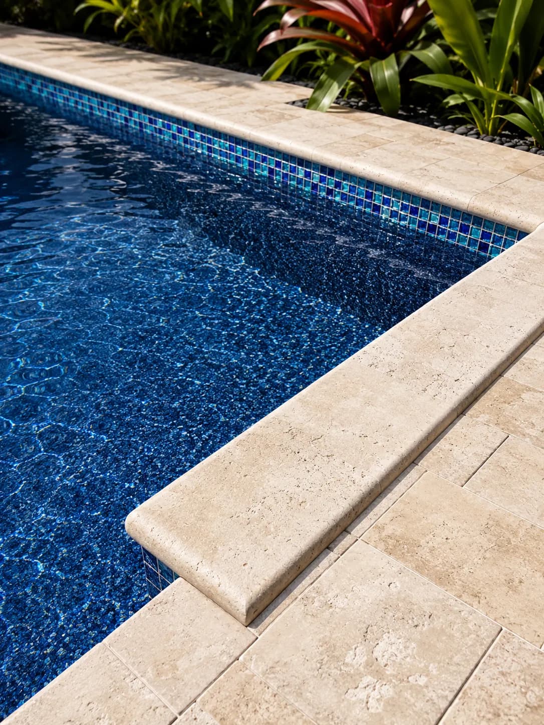 Renovated pool with iridescent glass mosaic waterline tile and travertine coping